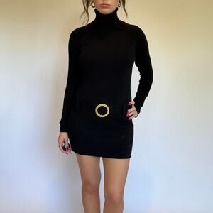 INC International Concepts Black Sweater Dress w/ Gold Belt Buckle
